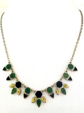 Geometric Statement Bib Necklace Blue & Green Teardrop Enamel Style Silver Tone